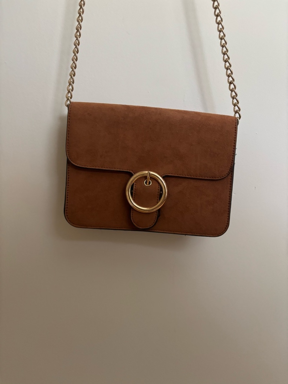 Women's Brown Suede Crossbody Bag with Gold Ring Accent - Picture 1 of 3
